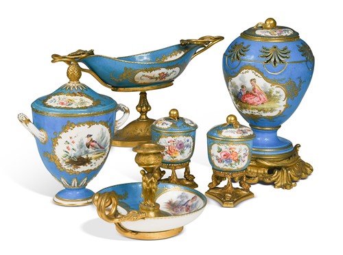 Lot 557 - A collection of Sèvres turquoise-ground and gilt-metal mounted porcelain, 19th century