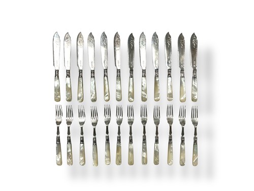 Lot 222 - 12 pairs of silver and mother of pearl handled...
