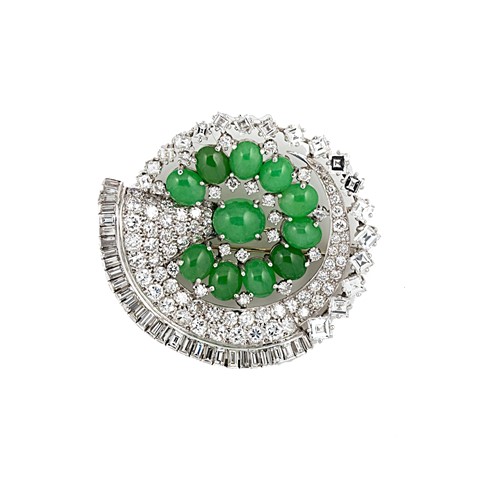 Lot 195 - A mid 20th century jade and diamond brooch