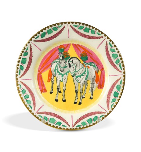 Lot 74 - Dame Laura Knight (1877-1970) for Clarice Cliff, a circus pattern side plate, 1934
