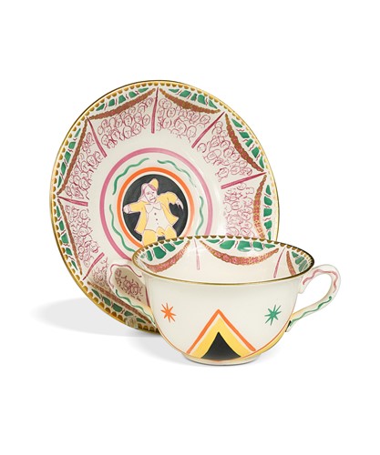Lot 76 - Dame Laura Knight (1877-1970) for Clarice Cliff, a 'Circus' pattern soup cup and saucer, 1934