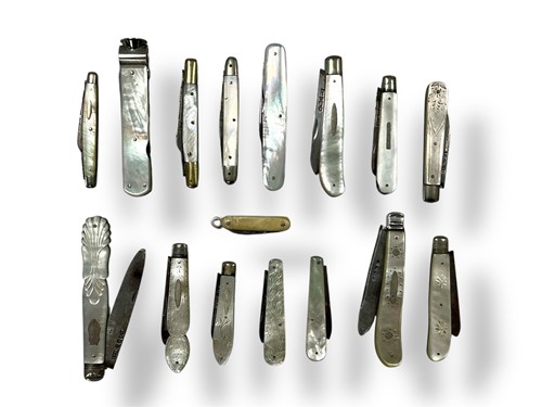 Lot 231 - Ten silver bladed mother-of-pearl folding...