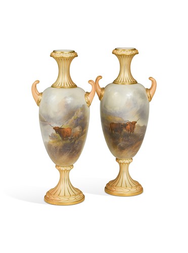 Lot 724 - A pair of Royal Worcester two-handled vases painted by John Stinton