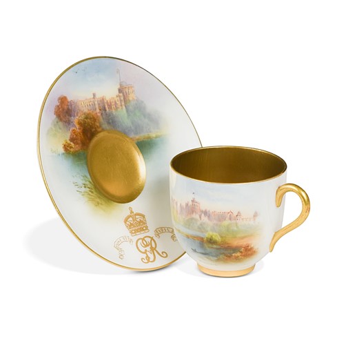 Lot 721 - A Royal Worcester commemorative miniature teacup and saucer painted by Raymond Rushton