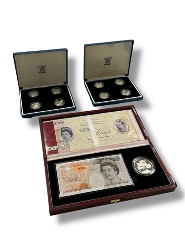Lot 185 - Royal Mint - Two cased proof sets in Sterling silver, together with two banknote sets