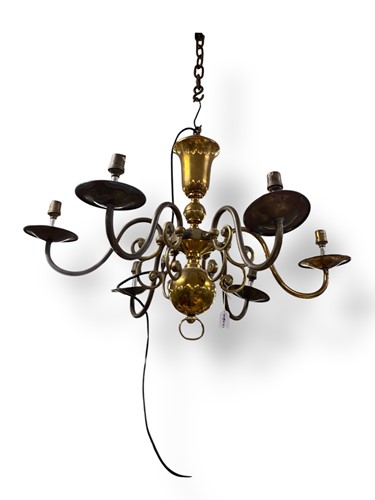 Lot 698 - A six-arm brass chandelier ceiling light,...