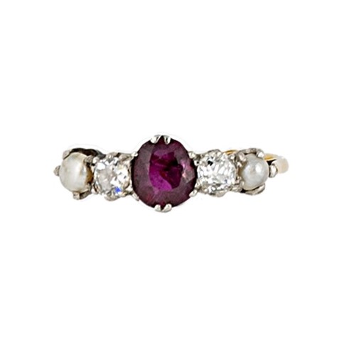 Lot 98 - An early 20th century ruby, diamond and pearl ring