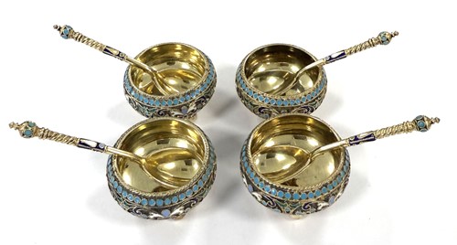 Lot 312 - A set of four 19th century Russian metalwares silver gilt and cloisonné open salts and spoons