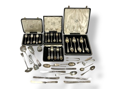 Lot 230 - A collection of silver flatware, some cased,...