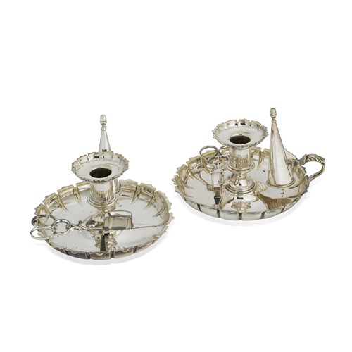 Lot 352 - A pair of mid 19th century silver plated chambersticks with wick trimmers and snuffers