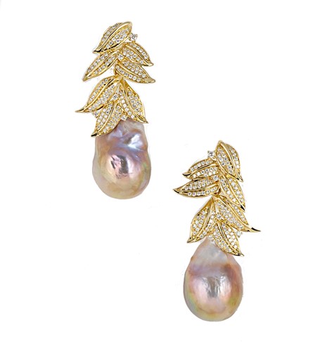 Lot 44 - Fei Liu - A pair of cultured baroque pearl and diamond ear pendants