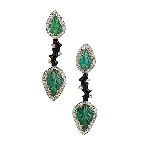 Lot 194 - Fei Liu - A pair of emerald, onyx and diamond ear pendants