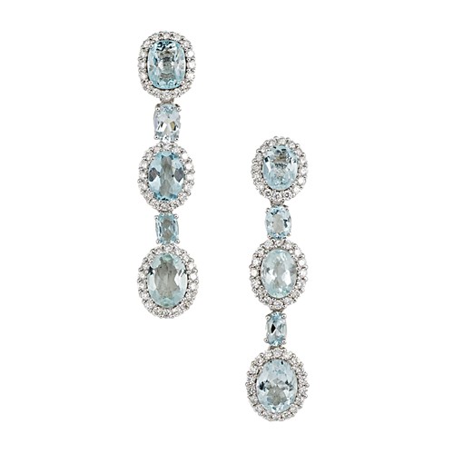 Lot 187 - A pair of aquamarine and diamond ear pendants