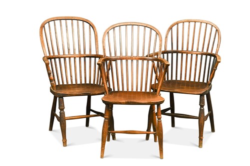 Lot 402 - Three similar ash and elm stick back armchairs, 19th century