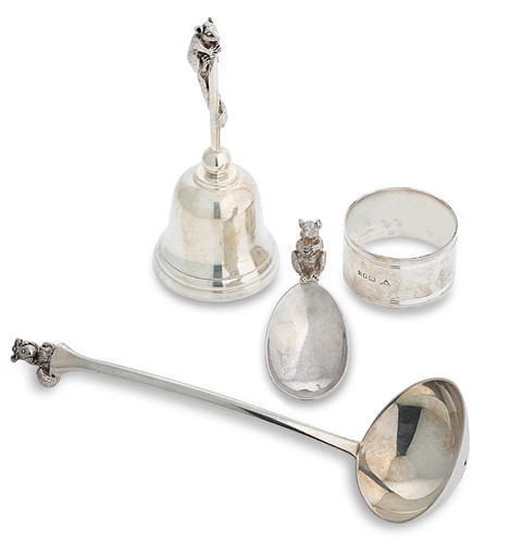 Lot 277 - Brian Leslie Fuller (1937-2009), four silver novelty wares, all cast with dormouse finials