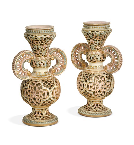 Lot 55 - A pair of reticulated Fischer pottery vases