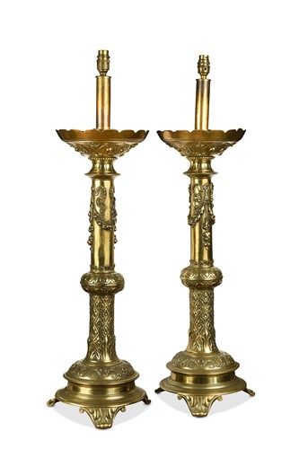 Lot 405 - A pair of Victorian brass lamps, late 19th century