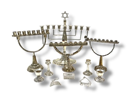 Lot 232 - Judaica - a hallmarked silver Hanukkah menorah,...