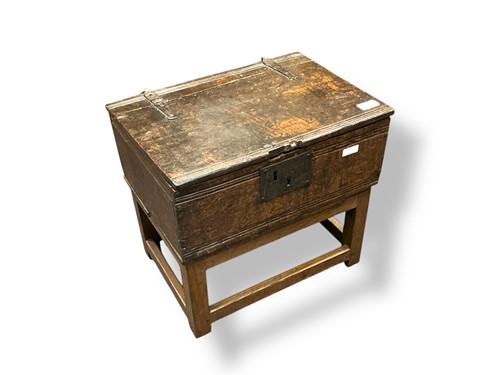 Lot 506 - An 18th century oak bible box on later stand...