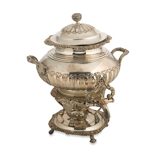 Lot 350 - A mid 19th century Old Sheffield Plate hot water urn and burner