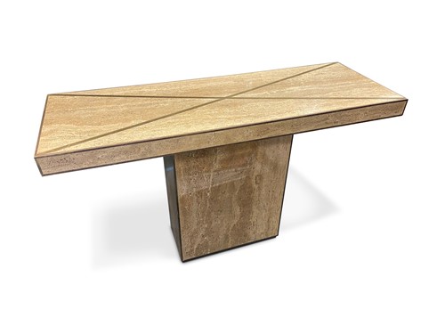 Lot 437 - A 20th century brass inlaid travertine console table