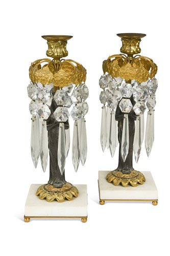 Lot 748 - A pair of Regency gilt and patinated bronze lustre candlesticks