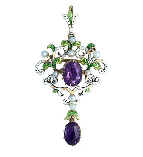 Lot 75 - An early 20th century amethyst, pearl and enamel pendant/brooch