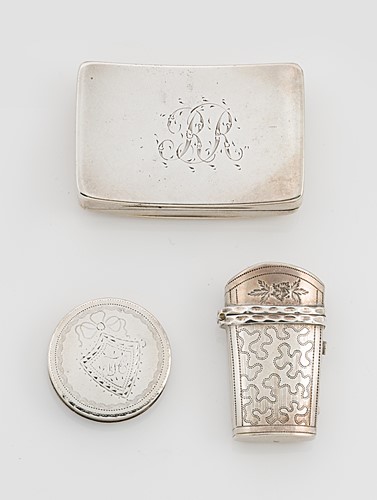 Lot 299 - A George III silver snuff box, patch box and perfume bottle case, mark of Samuel Pemberton