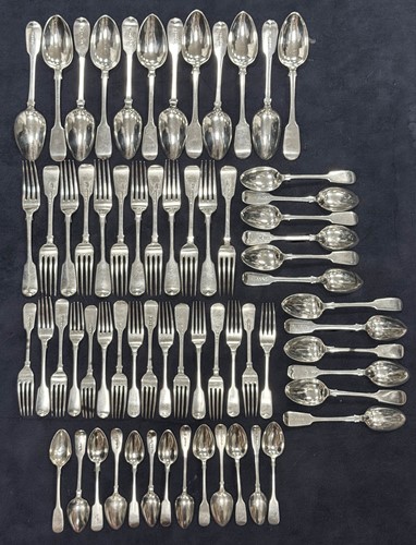Lot 421 - A 65-piece mixed set of mainly 19th century silver flatware