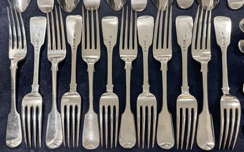 Lot 421 - A 65-piece mixed set of mainly 19th century silver flatware