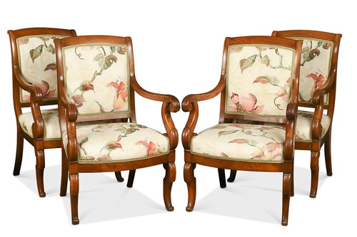 Lot 739 - A set of four French Louis Philippe style walnut armchairs, 19th century