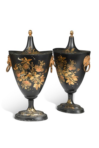Lot 578 - A pair of japanned and gilt-painted toleware chestnut urns, 19th century