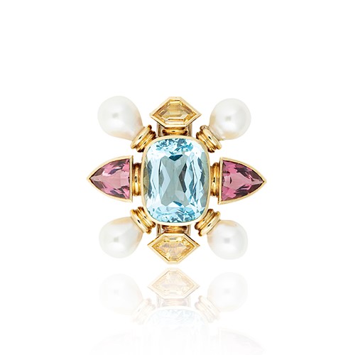 Lot 138 - A topaz, tourmaline, citrine and cultured pearl pendant/brooch