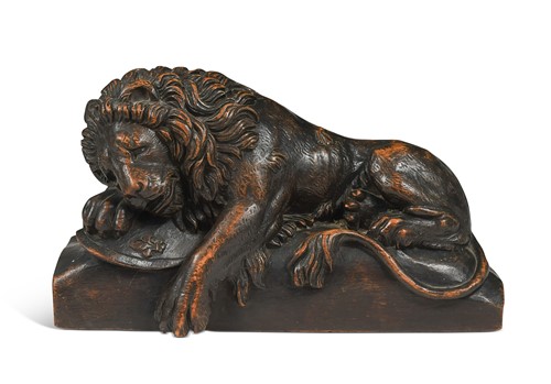 Lot 396 - After Bertel Thorvaldsen, a carved oak model of the Lion of Lucerne, 19th century