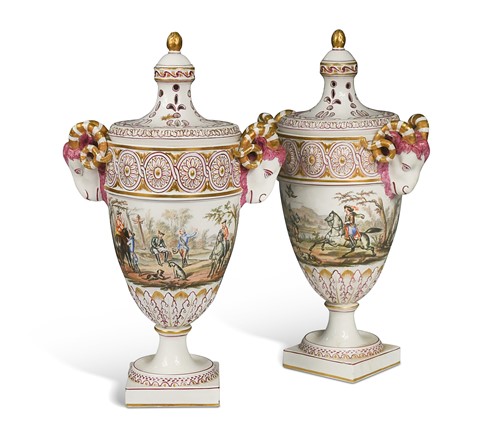 Lot 534 - A pair of Veuve Perrin faience two-handled potpourri vases and covers, circa 1820