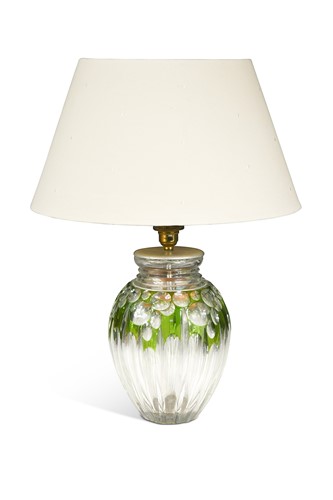 Lot 735 - A green-flashed, cut-glass table lamp, 20th century