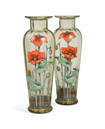 Lot 1 - Attributed to Count Harrach's Glassworks, a pair of Bohemian Art Nouveau glass vases, early 20th century