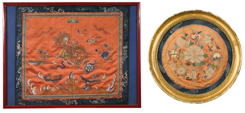 Lot 54 - A Chinese silk and gold wrapped thread Fo-dog embroidery, early 20th century