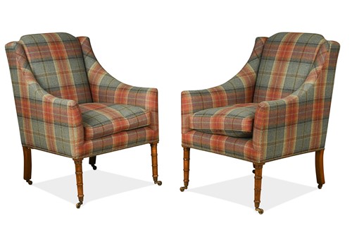 Lot 664 - A pair of Regency style beech-framed easy armchairs, modern