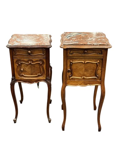 Lot 586 - Two French walnut bedside cabinets with red...