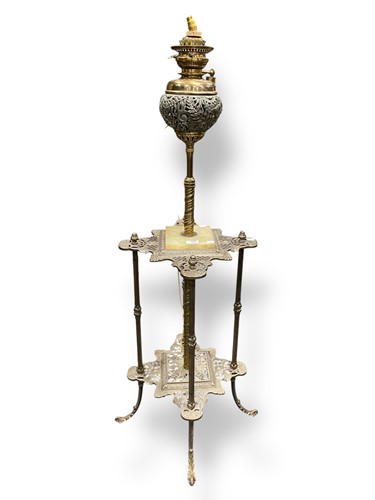 Lot 620 - A large brass Victorian floor standing lamp,...