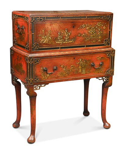 Lot 450 - A George I style red and gilt japanned lacquer chest on stand