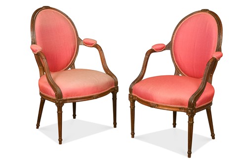 Lot 648 - A pair of George III 'Hepplewhite' stained beech armchairs, late 18th century