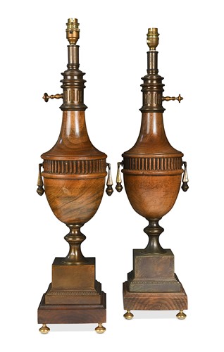 Lot 568 - A pair of Neo-Classical turned wood and brass-mounted table lamps, late 19th century
