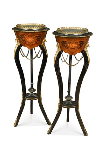 Lot 587 - A pair of ebonised and floral marquetry jardinières, late 19th century