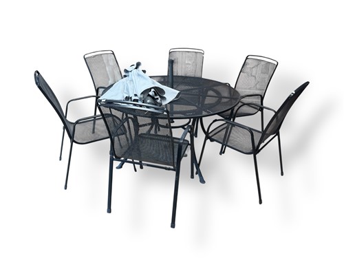 Lot 709 - A circular mesh top garden table together with...