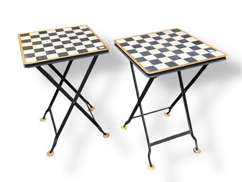 Lot 614 - A pair of painted metal folding tables with...