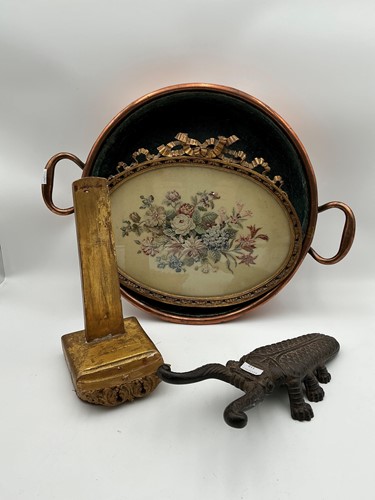Lot 229 - A gilt wood plate stand, a cast iron cicada...