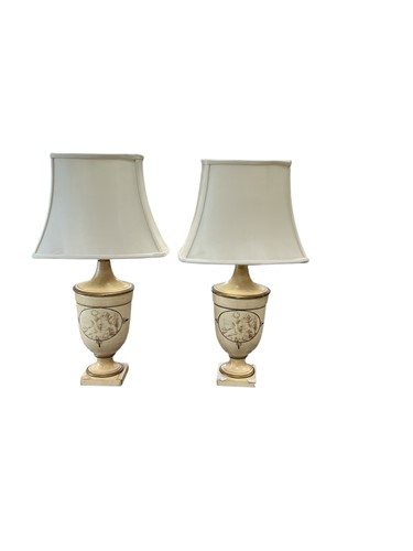 Lot 211 - A pair of painted urn shaped lamps, the cream...