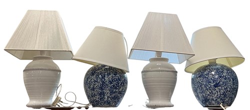 Lot 204 - Pair blue and white sponged ceramic lampsm,...